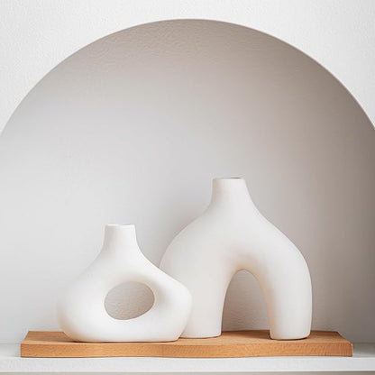 White Ceramic Modern Flower Vase, Nordic Coffee Table Home Decor Vases for Bookshelf, Minimalist Centerpiece, Living Room, Entry Way, Dining Tables, Desk