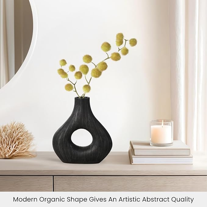 Torre & Tagus Black Donut Vase for Flowers - 9 Inch Tall Textured Vases for Centerpieces, Sculptures Home Decor & Abstract Sculptures Home Decor for Shelf Decor Aesthetic (Alma Black Flower Vase)