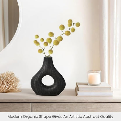 Torre & Tagus Black Donut Vase for Flowers - 9 Inch Tall Textured Vases for Centerpieces, Sculptures Home Decor & Abstract Sculptures Home Decor for Shelf Decor Aesthetic (Alma Black Flower Vase)