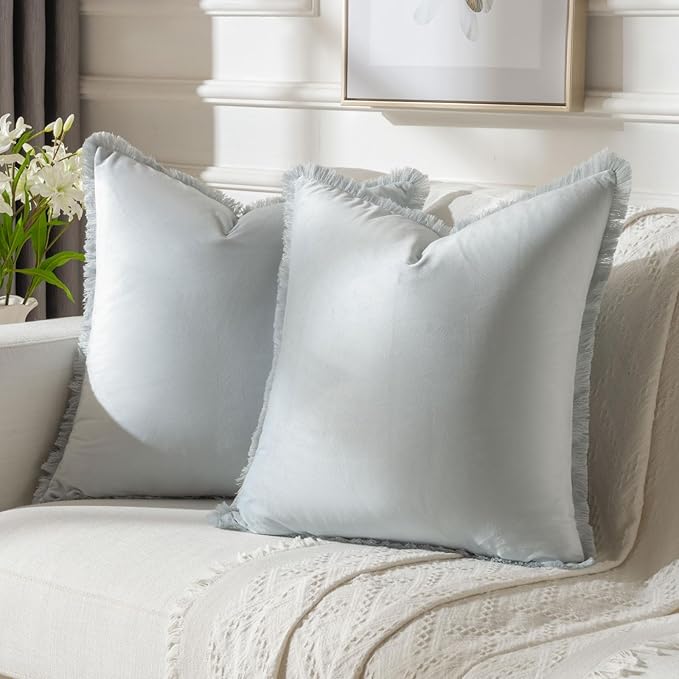 FUTEI Light Blue Velvet Decorative Throw Pillow Covers 18x18 Set of 2,Soft Cozy Edge with Tassels Cushion Case,Boho Modern Home Decor for Couch Bed Living Room