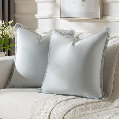 FUTEI Light Blue Velvet Decorative Throw Pillow Covers 24x24 Set of 2,Soft Cozy Edge with Tassels European Cushion Case,Boho Modern Home Decor for Couch Bed Living Room