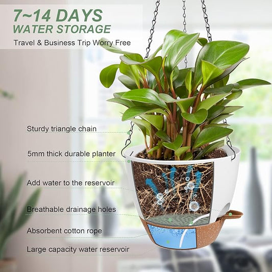 Hanging Planters for Indoor Outdoor Plants, 2 Pack Self Watering Hanging Pot with Drainage Holes & Removable Tray (White, 6'')
