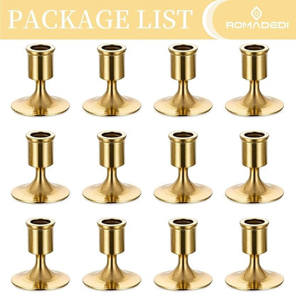 Romadedi Gold Candlestick Candle Holders for Taper, 12 PCS Gold Brass Color Candle Stick Candle Holder for Table Centerpiece, Wedding Reception, Festive Christmas Mantel Decoration or Home Decor