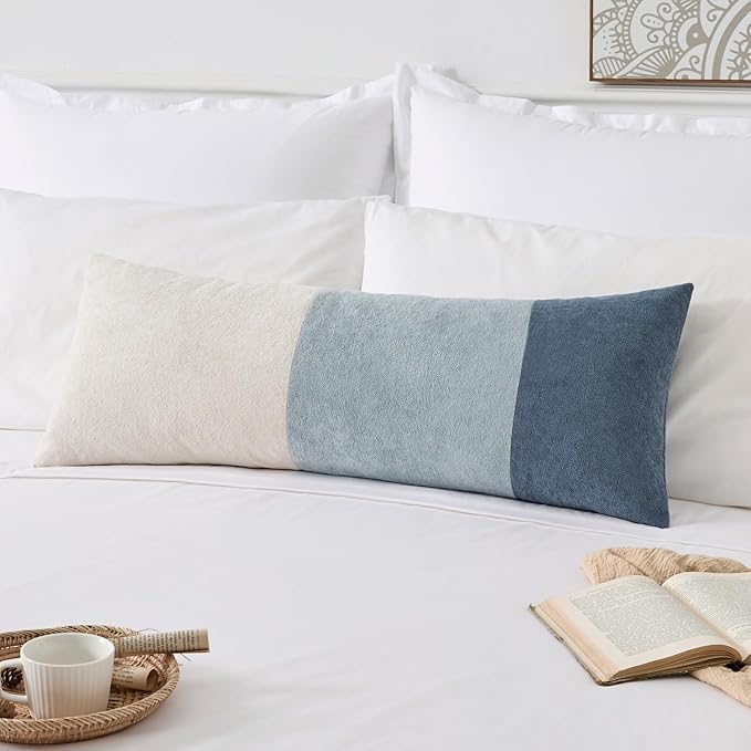 Kevin Textile 14x36 Inch Long Lumbar Cover 1 Pack Three-Colour Patchwork Soft Textured Waterproof Rectangle Cushion Elegant Accent Pillows for Couch Sofa Chair Bed Home Decor Indoor Outdoor Blue