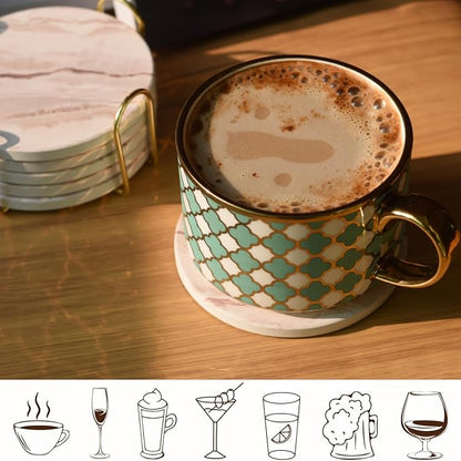 6Pcs Drink Coasters with Holder, Round Marble Style Ceramic Drink Coaster, Absorbent Coaster Set for Home Decor Tabletop Protection, Suitable for Kinds of Cups, Housewarming Gift, 4 Inches