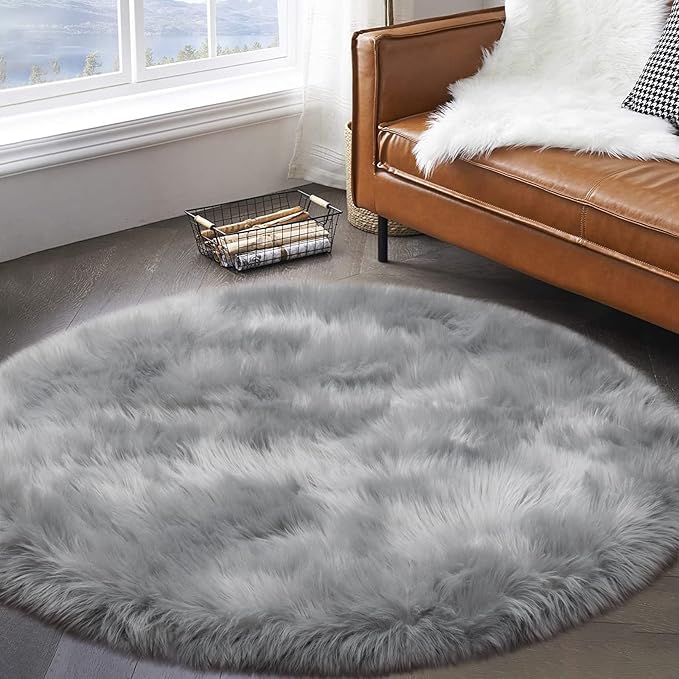 Fluffy Round Rug for Kids Room Grey Circle Faux Fur Area Rug for Bedroom, 4x4 Fuzzy Shag Rugs Furry Nursery Rug Teepee Mat, Gray Circular Plush Floor Carpet