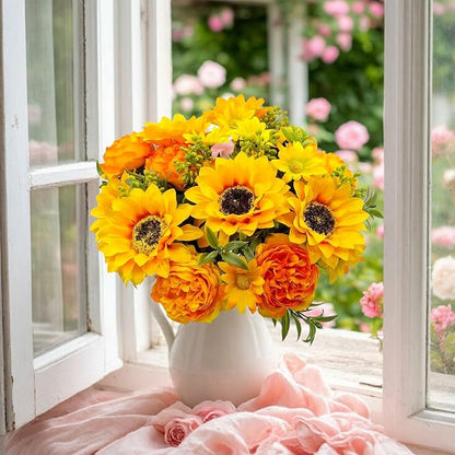 Artificial Flowers for Decoration, 3Pcs Fake Sunflower with Peonies Artificial Flowers Bouquet Silk Flowers for Home Wedding Party Table Centerpieces Vase Decor Indoor Floral Displays (Yellow)