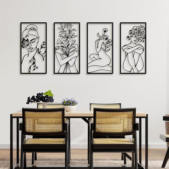 Bakovity Black Metal Wall Art, Abstract Woman Wall Decor, Minimalist Flower Line Decor, Modern Aesthetic Metal Wall Art for Bedroom Bathroom Living Room (4 Pcs, 17 x 9 in)