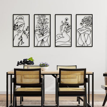 Bakovity Black Metal Wall Art, Abstract Woman Wall Decor, Minimalist Flower Line Decor, Modern Aesthetic Metal Wall Art for Bedroom Bathroom Living Room (4 Pcs, 17 x 9 in)