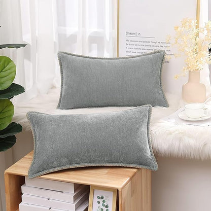 decorUhome Spring Chenille Soft Throw Pillow Covers 12x20 Set of 2, Lumbar Velvet Farmhouse Neutral Decorative Pillow Covers with Stitched Edge for Couch Sofa Bed Home Decor, Neutral Gray