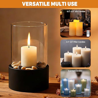 EastFlame Tabletop Hurricane Candleholder with Decorative Stones - Suitable for Dia 2.5" and Below Pillar Candles and Scented Candles, Gift for Dinner Table Centerpiece & Housewareming Gift