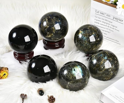 Labradorite Crystal Ball with Stand Large Crystals Sphere Decorative Ball Meditation Witchcraft Home Decor 90-100mm/3.5-3.9"