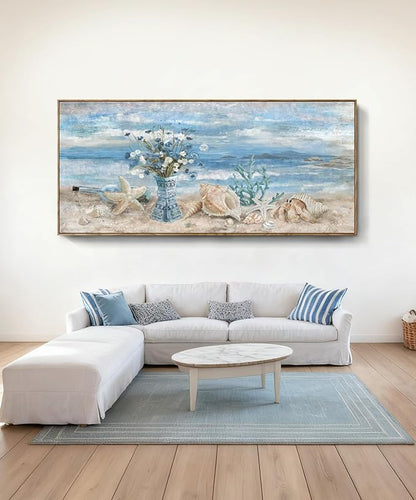 Nicetop Extra Large Framed Wall Art for Living Room Blue Boho Ocean Beach Coastal Daisy Flower in Vase Picture Huge Seascape Canvas Print Painting Oversized Seaside Artwork for Home Office 86x39inch