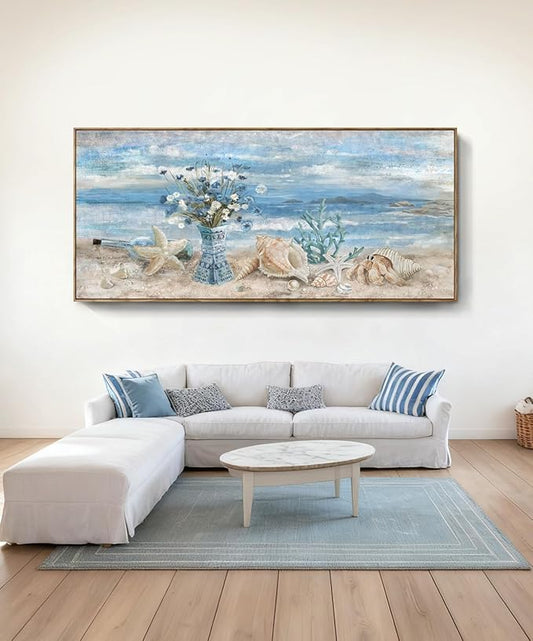 Nicetop Extra Large Framed Wall Art for Living Room Blue Boho Ocean Beach Coastal Daisy Flower in Vase Picture Huge Seascape Canvas Print Painting Oversized Seaside Artwork for Home Office 86x39inch