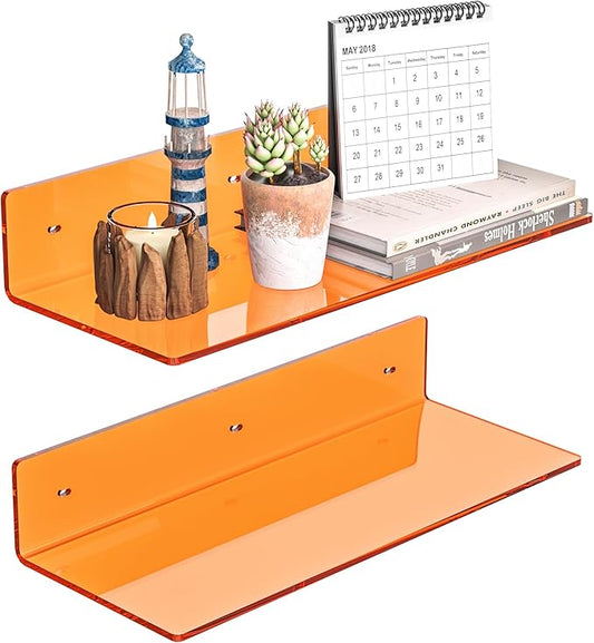 Sezanrpt 15 Inches Orange Acrylic Wall Shelves 2 Pack, L Shape Floating Shelf, Perspex Wall Mounted Shelves for Home Décor, Model Car, Candle, Calendar, Towel, Tissue