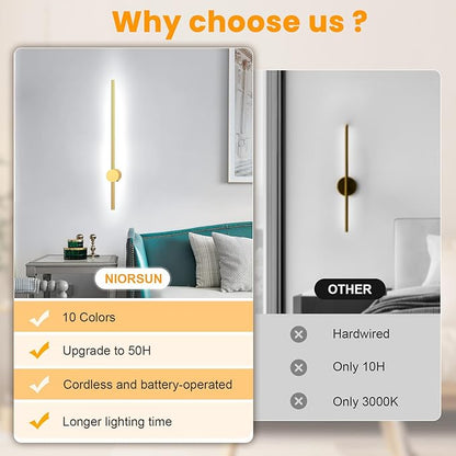 NIORSUN 24 Inch Battery Operated Wall Sconce Set of 2,Gold Minimalist Rechargeable LED Wall Lights with Remote, 10 Colors Dimmable Wireless Wall Lamp for Living Room Bedroom Hallway