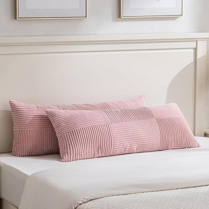 Fancy Homi Set of 2 Blush Pink Boho Long Lumbar Body Decorative Throw Pillow Cover 14x36 Inch for Bed Couch Bedroom Bench, Soft Patchwork Corduroy Textured Pillow Case, Rustic Farmhouse Room Décor