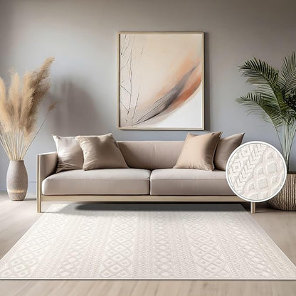 Paco Home Modern Area Rug with Carved Geometric Pattern in Cream Ivory, Size: 2'8" x 4'11"