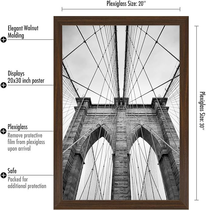 Americanflat 20x30 Poster Frame with Polished Plexiglass - Wide Picture Frames Made of Engineered Wood for Vertical or Horizontal Wall Display - Epic Collection - Walnut