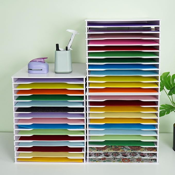 SANFURNEY Scrapbook Paper Organizer for Sizes 12" x 12", File Sorter Storage, Document Holder, Desktop Scrapbook Paper Organizer Rack for Home Office School (White, 12 Slots - Standard Size - 2PCS)
