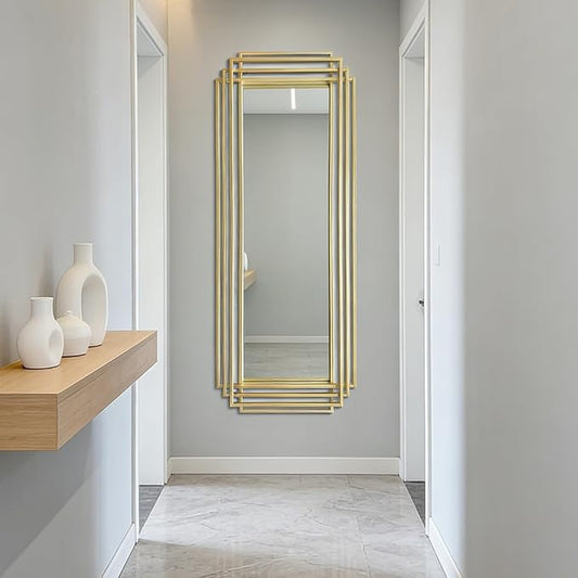 Geometric Wall Mirror, 63"x24" Modern Rectangle Full Length Mirror with Gold Metal Frame, Large Elegant Art Deco Mirror for Living Room Entryway Hallway, Hangs Vertically or Horizontally