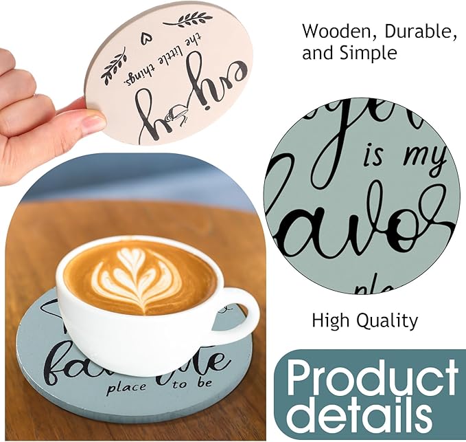 Queekay Coasters Set of 6 House Warming Gifts New Home Wooden Farmhouse Drink Coasters with Holder 4'' Funny Decoration for Kitchen Family Coffee Bar Tabletop Protection(Light Color)