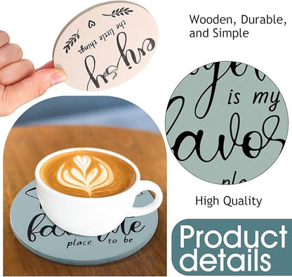 Queekay Coasters Set of 6 House Warming Gifts New Home Wooden Farmhouse Drink Coasters with Holder 4'' Funny Decoration for Kitchen Family Coffee Bar Tabletop Protection(Light Color)