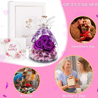 Beferr Valentines Day Rose Gifts for Her Women Mom Gifts for Birthday, Fresh Flowers for Delivery Forever Preserved Rose in Glass Angel Figurine, for Grandma Wife Kids Daughter