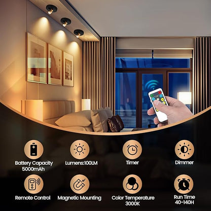 Rechargeable Spotlight, Battery Powered Picture Lights with Remote, Dimmable Plant Spot Light Indoor, Cordless Accent Lighting, LED Uplight for Tree Dartboard Decor Painting Artwork Photo