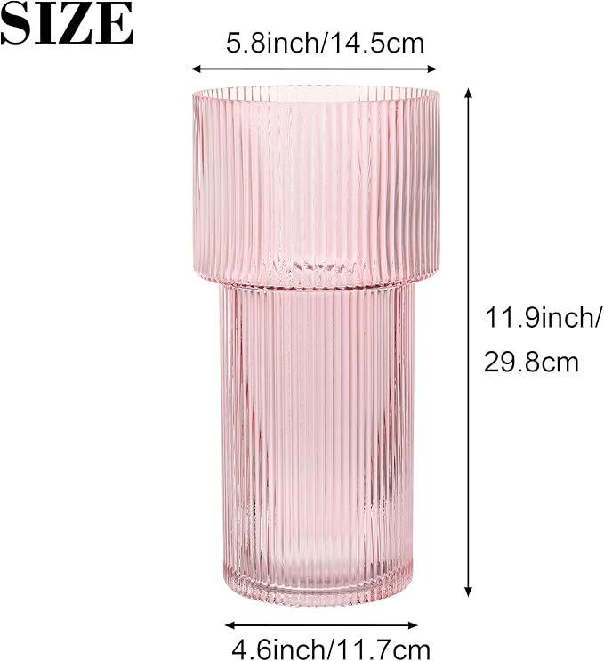 Large Pink Glass Vase, 12 Inches Tall Fluted Vase for Flowers, Modern Torch-Shaped Flower Vase with Ribbed Texture for Living Room, Dining Table, Office, Entryway, Mantle, Shelf, Wedding Gifts