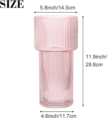 Large Pink Glass Vase, 12 Inches Tall Fluted Vase for Flowers, Modern Torch-Shaped Flower Vase with Ribbed Texture for Living Room, Dining Table, Office, Entryway, Mantle, Shelf, Wedding Gifts