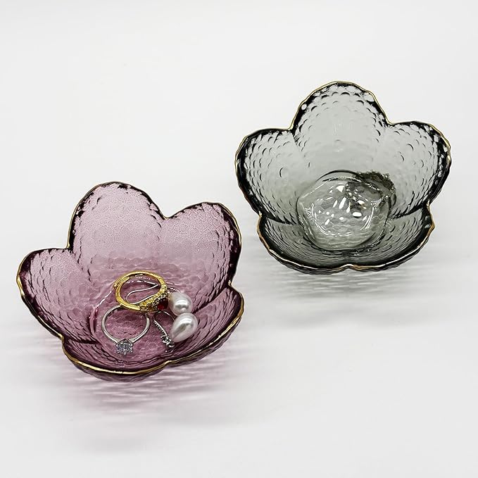 Purple Flower Ring Dish, Small Glass Jewelry Dish Tray, Ring Holder Jewlery Tray Trinket Dish, Bathroom Nightstand Decor Jewelry Bowl Christmas Friendship Birthday Gifts for Women, Soap Dish