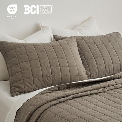 EVERGRACEHOME 100% Cotton Box Stitch Quilt Bedding Set King Size 3 Pieces, Garment-Washed Lightweight Soft Cozy Coverlet, Oversized Quilted Bedspread Sets with 2 Shams for All Season, Mocha Brown