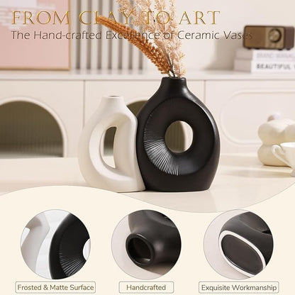Ceramic Vase Set of 2 - Handcrafted Ceramic Vases for Home Decor & Shelf - Modern Farmhouse Decor for Kitchen, Office, Bedroom & Living Room Decorative Objects for Mantel, Table Centerpieces
