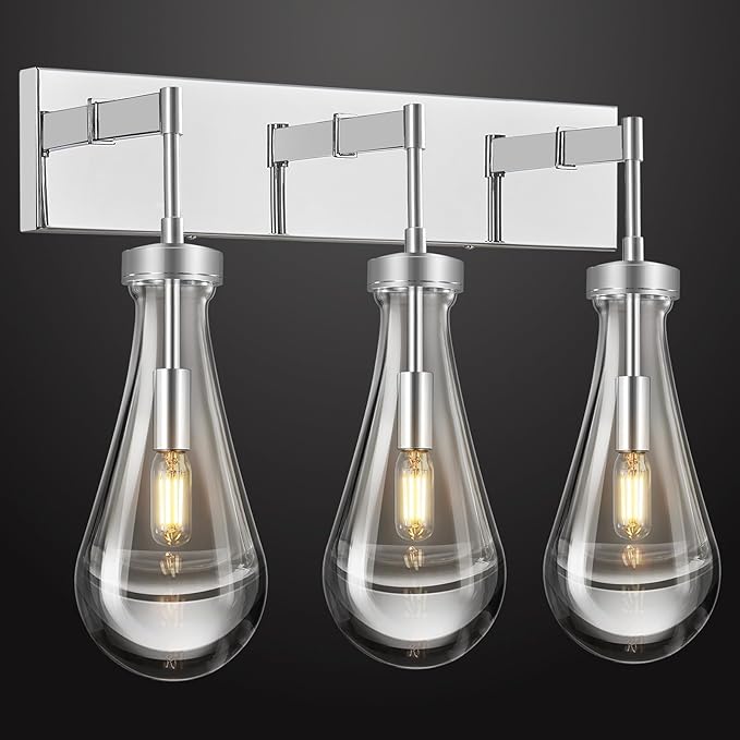 Raindrop Wall Sconces Chrome Crystal Sconces Wall Decor Modern Lighting Glass Bathroom Sconces Indoor Vanity Light Wall Lamp for Bedroom Living Room Stair(3-Light)