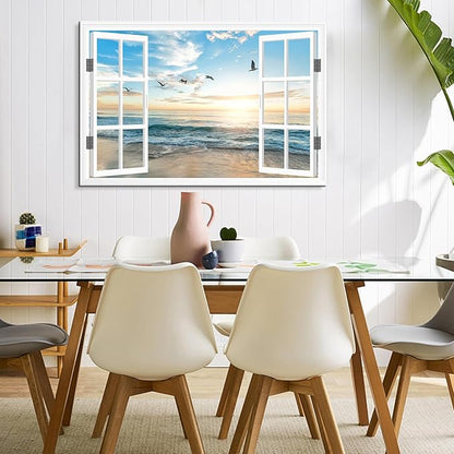 Goldfoilart Ocean Beach Sunset Window Canvas Wall Art for Bedroom Seagull Seascape Paintings Coastal Picture Framed Artwork for Bathroom Living Room Office Decor 36" x 24"