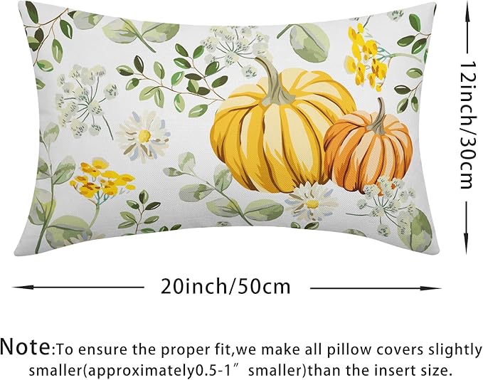 Pumpkin Fall Lumbar Pillow Covers 12x20 Set of 2 Yellow Saga Green Leaf Autumn Floral Thanksgiving Pillow Cases Outdoor Decorative Holiday Cushion Cover Decoration Farmhouse Home Sofa Couch Bed Decor