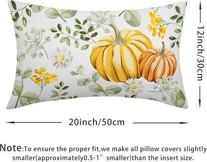Pumpkin Fall Lumbar Pillow Covers 12x20 Set of 2 Yellow Saga Green Leaf Autumn Floral Thanksgiving Pillow Cases Outdoor Decorative Holiday Cushion Cover Decoration Farmhouse Home Sofa Couch Bed Decor