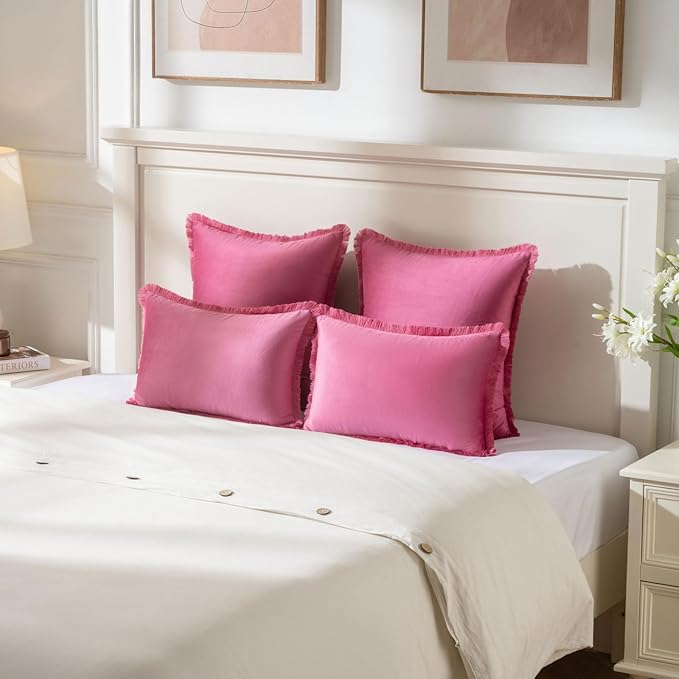 FUTEI Hot Pink Velvet Decorative Throw Pillow Covers 26x26 Set of 2,Soft Cozy Edge with Tassels Euro Pillow Shams,Boho Modern Home Decor for Couch Bed Living Room