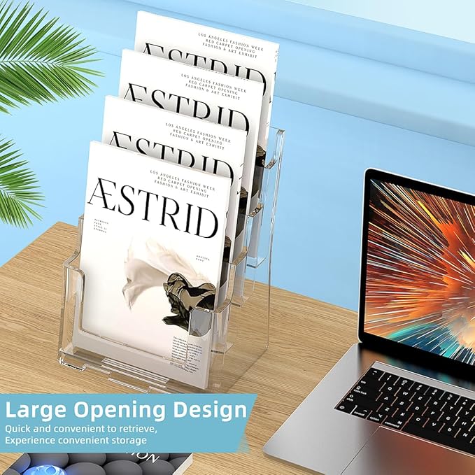 Acrylic Brochure Holder 8.5 x 11 inch, 4 Tier Magazine Stand Clear Literature Organizer Pamphlet Holder with Removable Divider for 4 x 9 inch Brochures for Wall Mount or Desktop