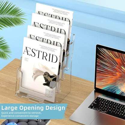 Acrylic Brochure Holder 8.5 x 11 inch, 4 Tier Magazine Stand Clear Literature Organizer Pamphlet Holder with Removable Divider for 4 x 9 inch Brochures for Wall Mount or Desktop