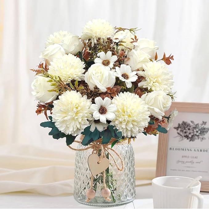 3 Pcs Fall Flowers Artificial Mums Silk Fake Mums Bouquet Faux Floral Arrangements Home Indoor Outdoor Planter Decor Party Wedding Table Autumn Decoration (White)