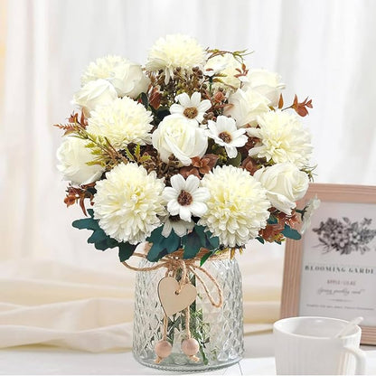 3 Pcs Fall Flowers Artificial Mums Silk Fake Mums Bouquet Faux Floral Arrangements Home Indoor Outdoor Planter Decor Party Wedding Table Autumn Decoration (White)