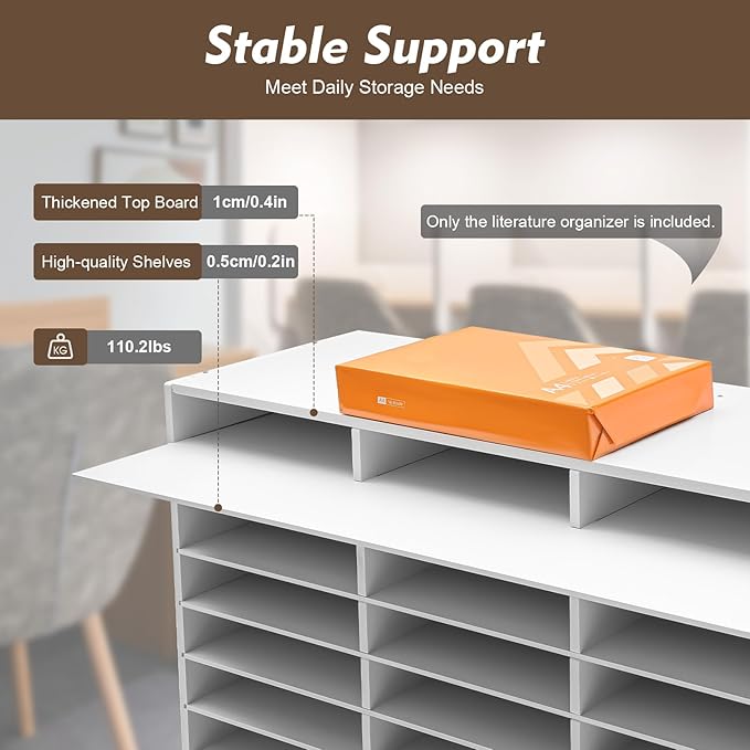 Literature Organizer with 27 Compartments | Adjustable Desktop File Sorter Mail Center for Home, Office & Classroom | PVC Paper Storage Cabinet with Shelves, White