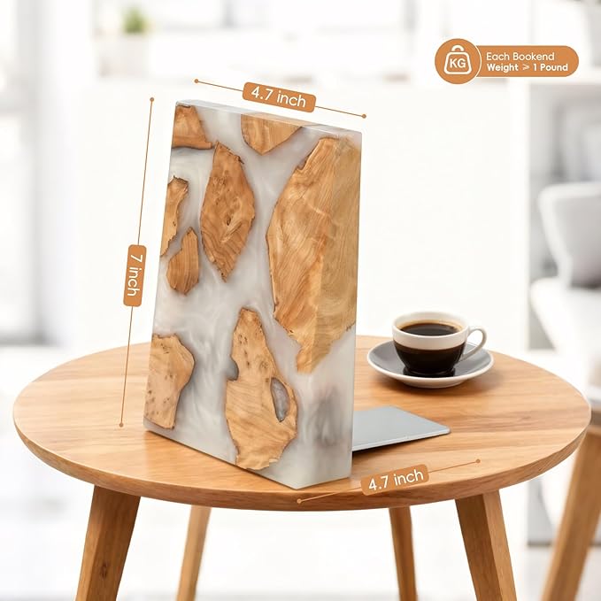 Resin Bookends Large Heavy Duty Bookends for Shelves, Unique Burl Wood Figure Book Ends for Study Office, Fancy Modern Decorative Book Supports for Bookshelf Organization (Pearlescent White)