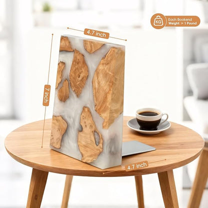 Resin Bookends Large Heavy Duty Bookends for Shelves, Unique Burl Wood Figure Book Ends for Study Office, Fancy Modern Decorative Book Supports for Bookshelf Organization (Pearlescent White)