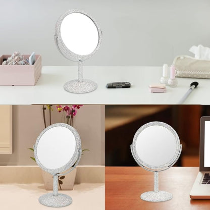 KEYPOWER Bling Rhinestone Makeup Vanity Mirror Round with Stand Double Side Cosmetic Glitter Movable Desk Bathroom Bedroom Tabletop(White)