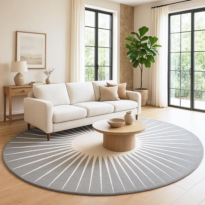 Modern Round Area Rug – Hand-Tufted with 100% NZ Wool, Thick & Soft Circular Carpet for Living Room, Bedroom & Dining Room Decor (Grey, 8' Round)