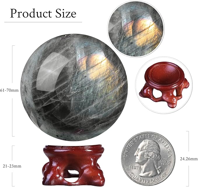 mookaitedecor Natural Labradorite Crystal Ball with Resin Stand, Decorative Stone Sphere Ball for Feng Shui Meditation Divination Home Decor, 2.4-2.76 Inch (61-70 mm)