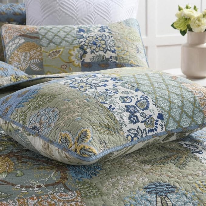 Cotton Bedspread Quilt Sets Reversible Bedding Coverlet Sets,3 Pieces Green Rustic Vintage Paisley Patchwork Bedspread, King Size